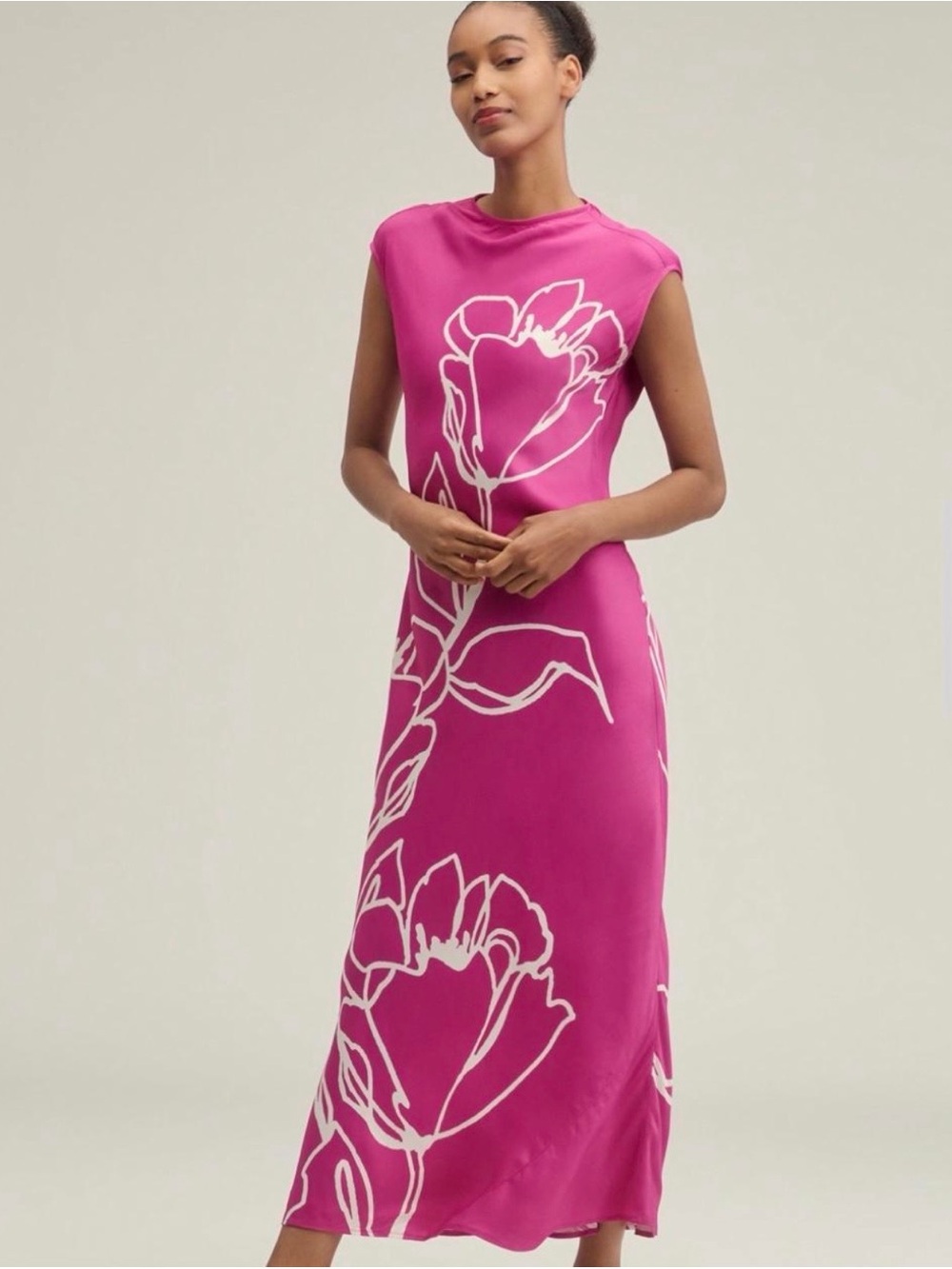 Maeve Anthropologie Hot Pink Floral Satin Maxi Dress